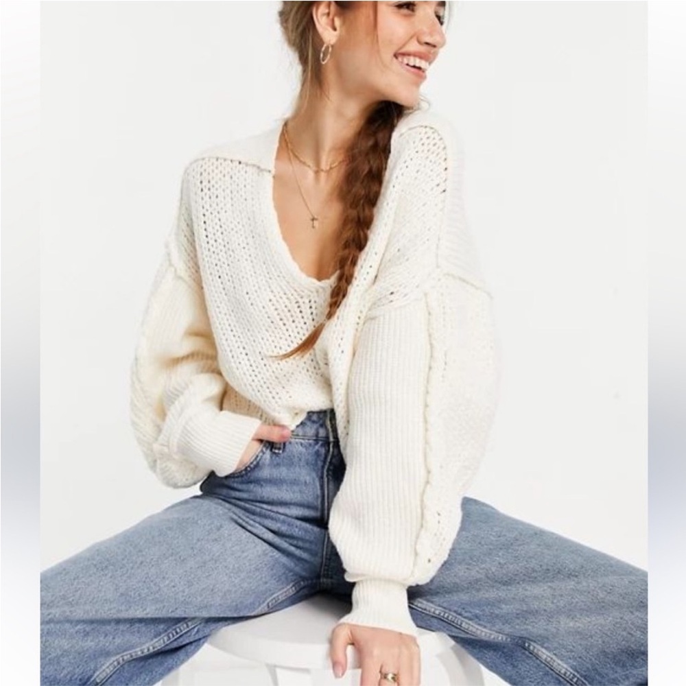 Free People Sea Bright Pullover Cream V-Neck Sweater
